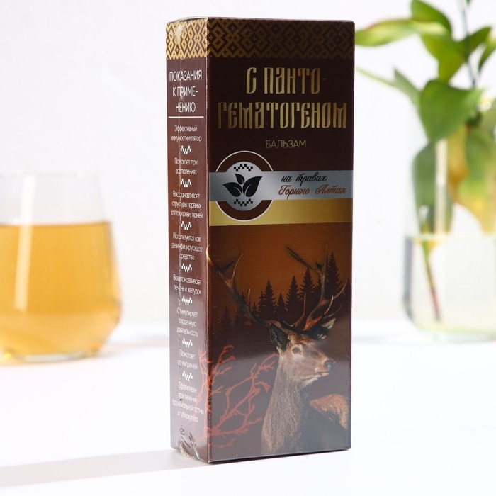 Бальзам безалкогольный &laquo;С пантогематогеном&raquo;: шиповник, рябина, красный корень, золотой корень, зверобой, аир, девясил, пантогематоген, в пластиковой бутылке, 250 мл.