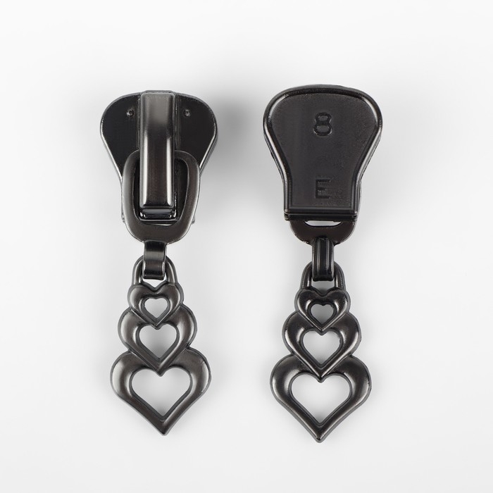 Бегунок автоматический для молнии &laquo;Трактор&raquo;, №8, декоративный &laquo;Сердца&raquo;, 10 шт, цвет чёрный никель
