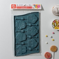 Форма для леденцов Доляна &laquo;Капкейк&raquo;, силикон, 27,5&times;16,5 см, 6 ячеек (6&times;7 см), с палочками, цвет МИКС