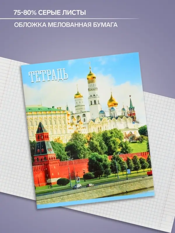 Тетрадь 48 листов в клетку Calligrata &laquo;Россия&raquo;, обложка мелованная бумага, блок №2, белизна 75% (серые листы), МИКС