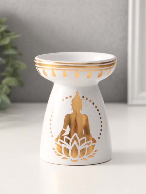 Аромалампа керамика "Будда и лотос" белая с золотом 9,3х9,3х11,8 см