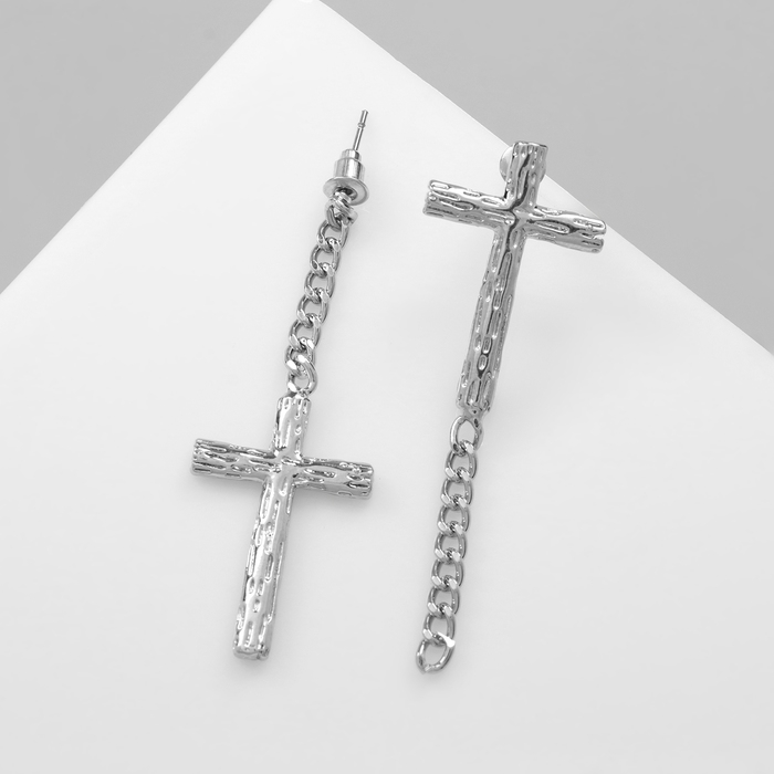Серьги металл &laquo;Крест и цепочка&raquo; плетение, цвет серебро