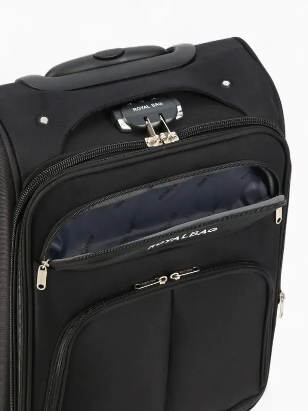 Чемодан 20", Текст, 37*23*55, отд на молнии, 2 нар/карм, увелич, код замок, 4 колеса, черный   10872