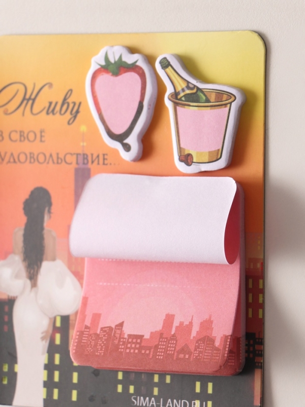 Магнит с блоком для записей и стикерами "Живу в своё удовольствие..." 10х12 см