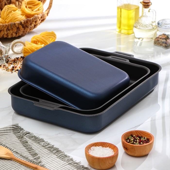 Набор противней &laquo;Лазоньера&raquo;, 3 предмета: 19&times;25 см, 23&times;30 см, 27&times;35 см, h=7 см, антипригарное покрытие, цвет синий