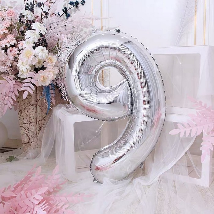 Шар фольгированный 40", цифра 9, цвет серебряный