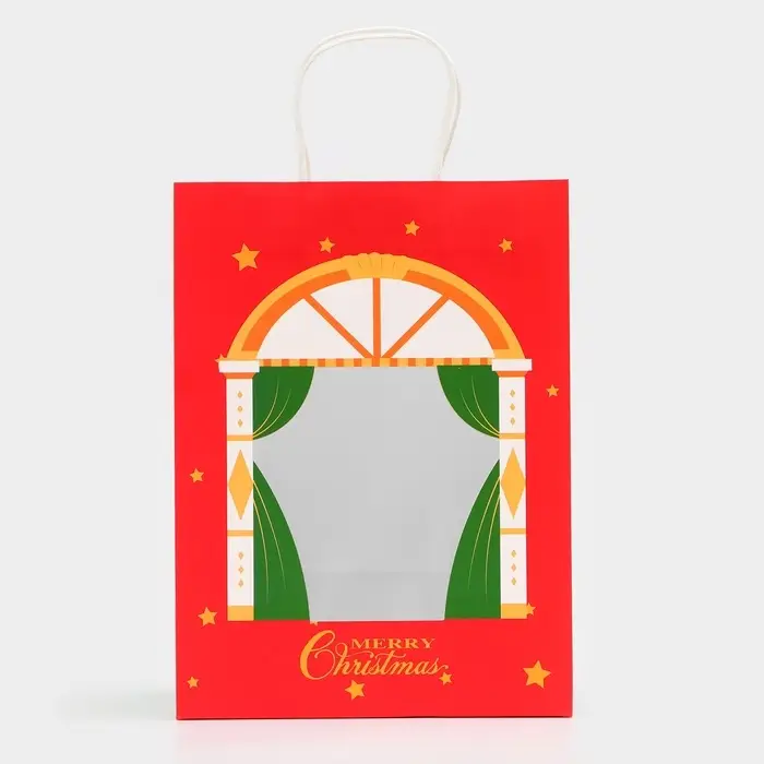 Пакет подарочный бумажный с окном &laquo;Театр&raquo; 30&times;22&times;14 см, крафт красный