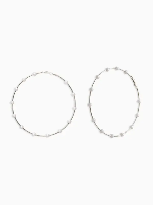 Серьги-кольца "Жемчуг" d=10см. №6, цвет белый в серебре