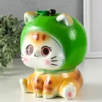 Копилка "Кот в костюме яблоко"зелёный, 21х17х17 см