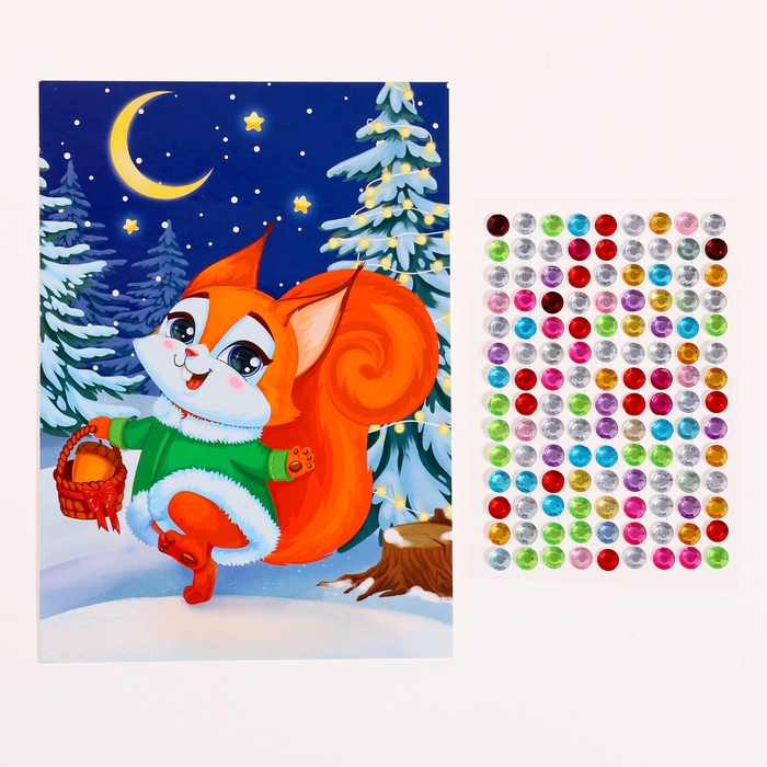 Аппликация стразами на новый год для детей &laquo;Белочка&raquo;, А6, новогодний набор для творчества