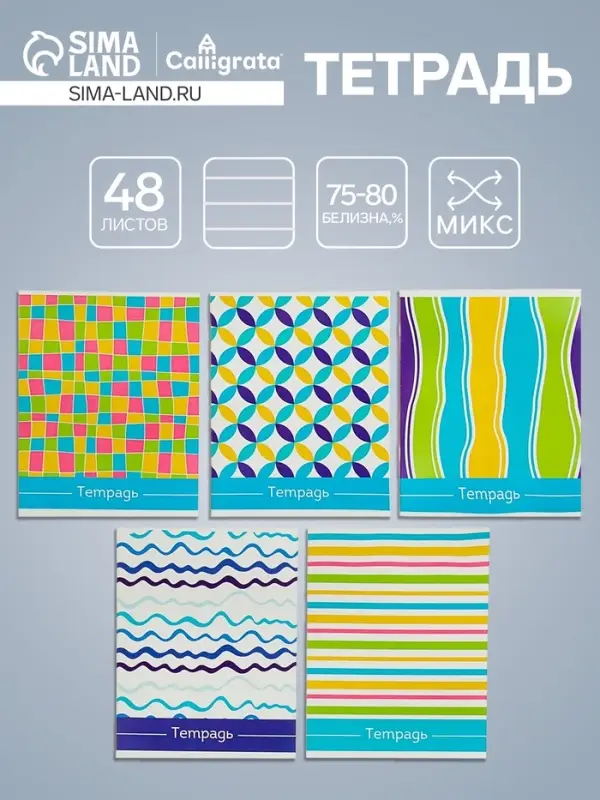 Тетрадь 48 листов в линейку Calligrata &laquo;Орнамент&raquo;, обложка мелованный картон, блок №2, белизна 75% (серые листы), МИКС