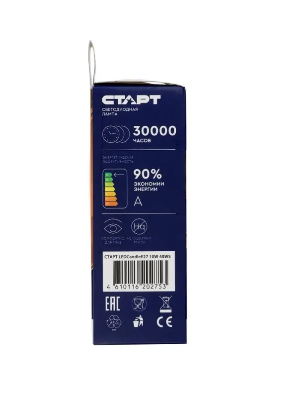Лампа светодиодная СТАРТ, 10 Вт, Е27, С37, 4000К, 800 Лм, холодный (нейтральный) свет
