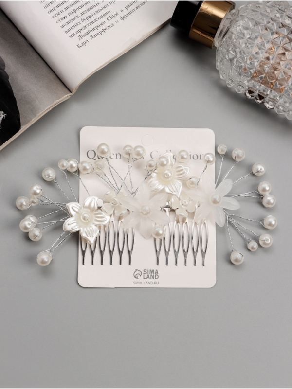 Гребень для волос "Эмилия" цветы шарики, 13х7 см, белый