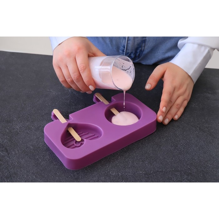 Форма для мороженого &laquo;Любовь&raquo;, силикон, 19,5&times;11&times;2,5 см, 2 ячейки, с крышкой и палочками (50 шт), цвет МИКС