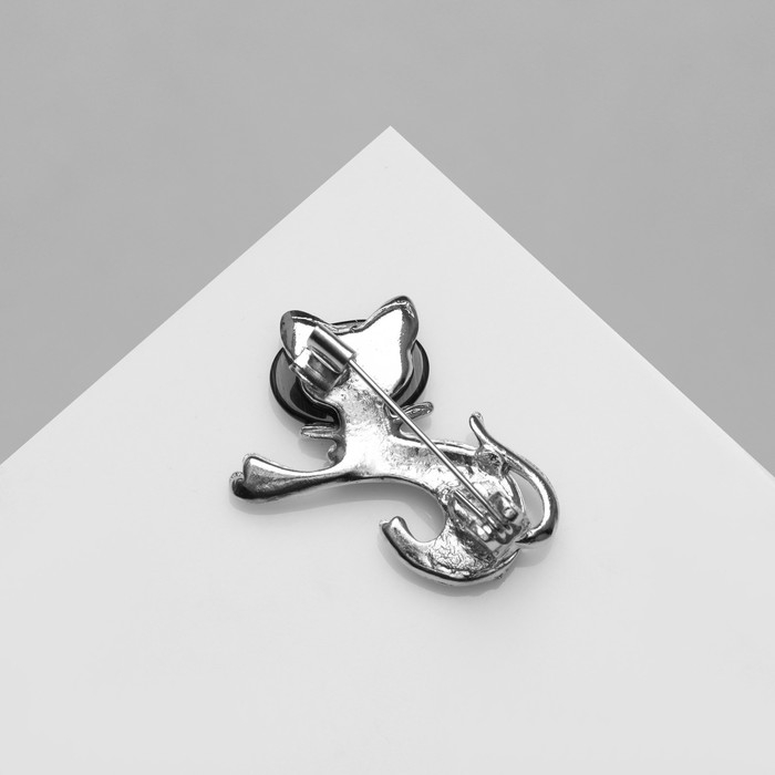 Брошь &laquo;Кошечка&raquo; с бантом, цвет чёрный в серебре