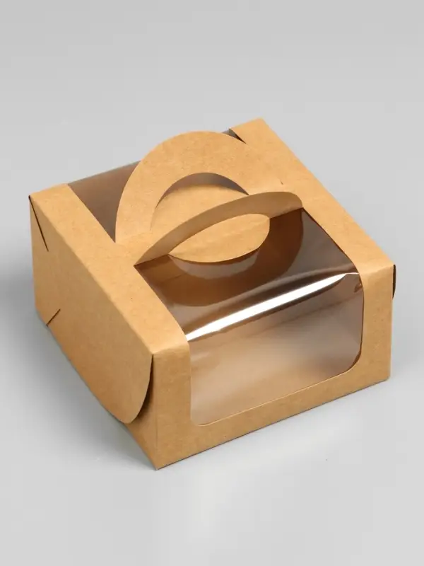 Коробка под бенто-торт с окном, крафт, 14 х 14 х 8 см