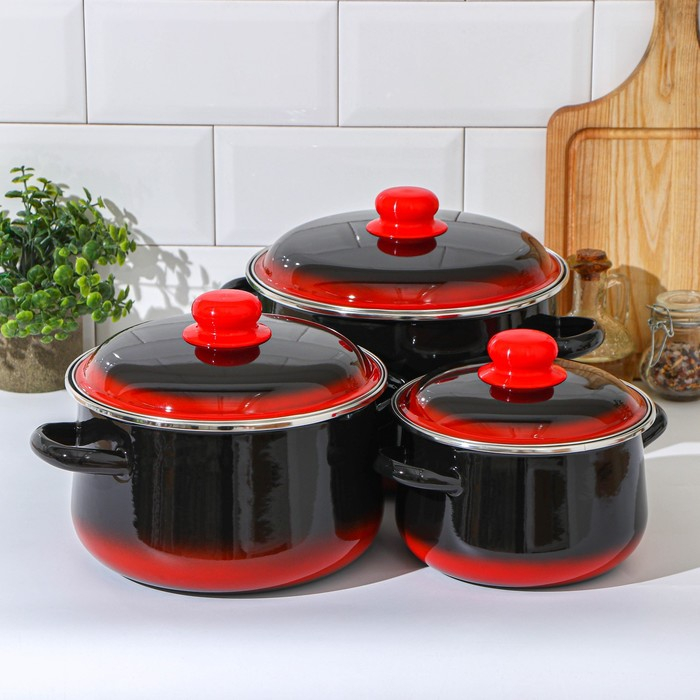 Набор кастрюль &laquo;Кармен&raquo;, 3 предмета: 2 л, 4 л, 5,5 л, индукция, цвет чёрно-красный