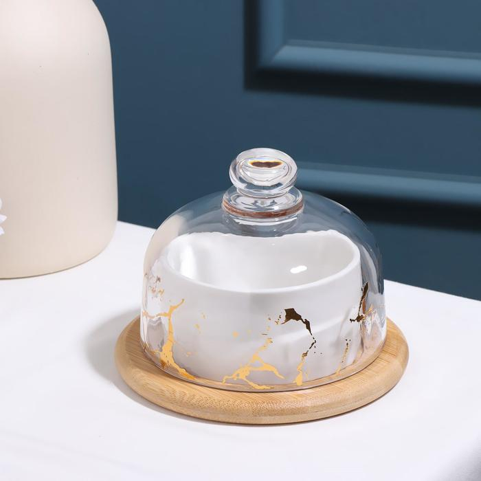 Соусник керамический &laquo;Марбл&raquo;, 150 мл, d=8 см, с подставкой и крышкой