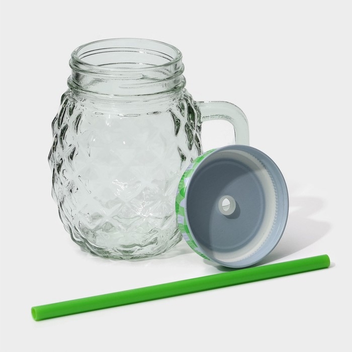 Кружка стеклянная с крышкой и трубочкой Доляна &laquo;Ананас&raquo;, 500 мл, 11&times;8,5&times;13 см, цвет МИКС