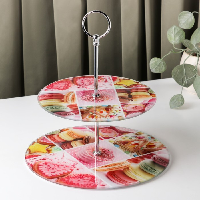 Этажёрка - фруктовница круглая Доляна &laquo;Сладости&raquo;, 2 яруса, d=25/20 см, стекло, цвет розовый