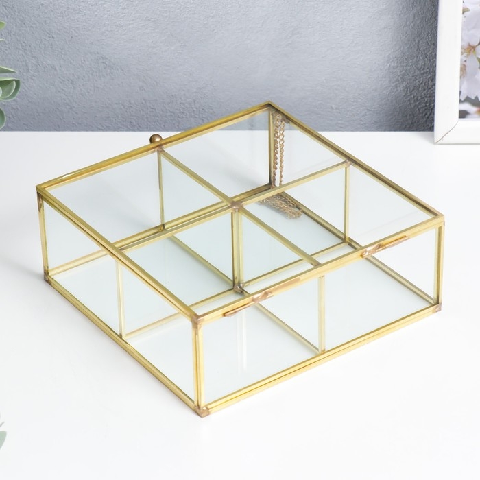 Шкатулка стекло с металлическим каркасом с делениями"Квадрат с гранями"  7х16х16 см