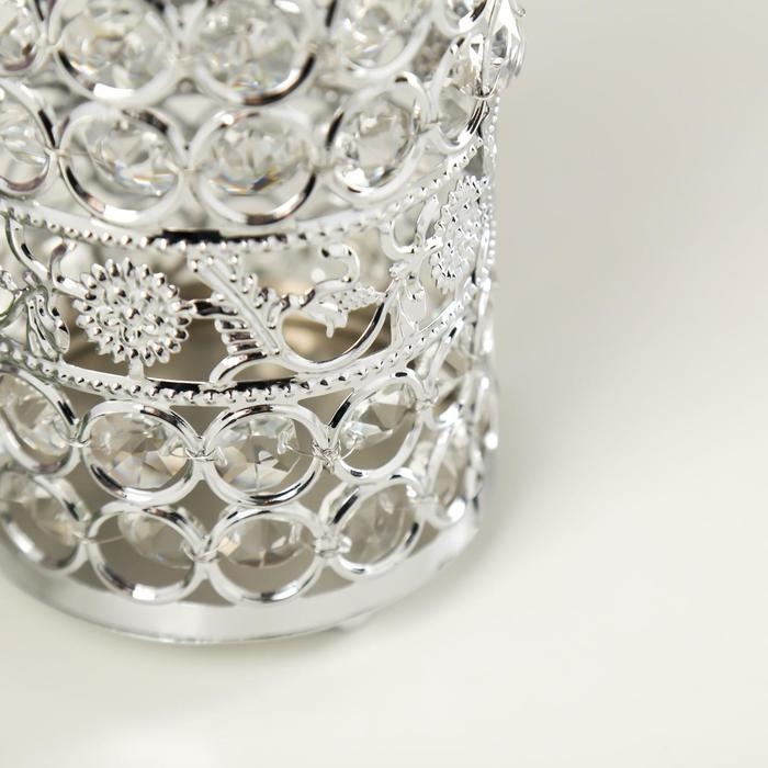 Подсвечник металл, стекло на 1 свечу "Кристаллы и подсолнухи" серебро 13х9х9 см