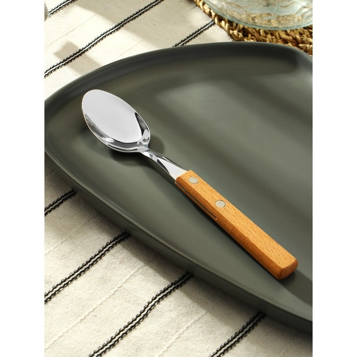 Ложка столовая из нержавеющей стали &laquo;Эко-стейк&raquo;, длина 19,5 см, толщина 1,5 мм, деревянная ручка, цвет ручки МИКС