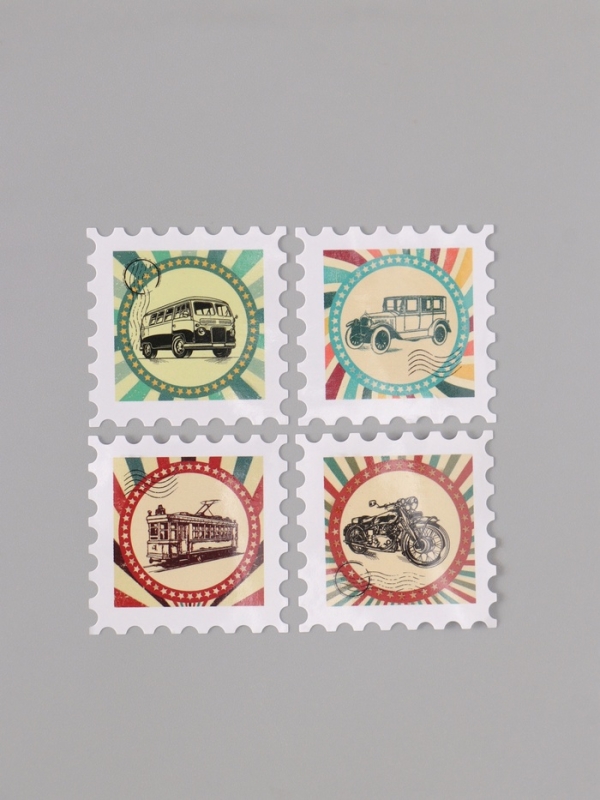 Наклейка бумага "Марки. Ретро транспорт" 3х3 см 200 шт в рулоне