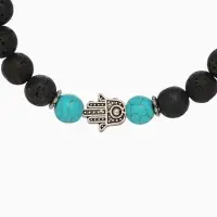 Браслет "Хамса" камень пирит, лава, длина 18 см, цв. чёрный, бирюзовый