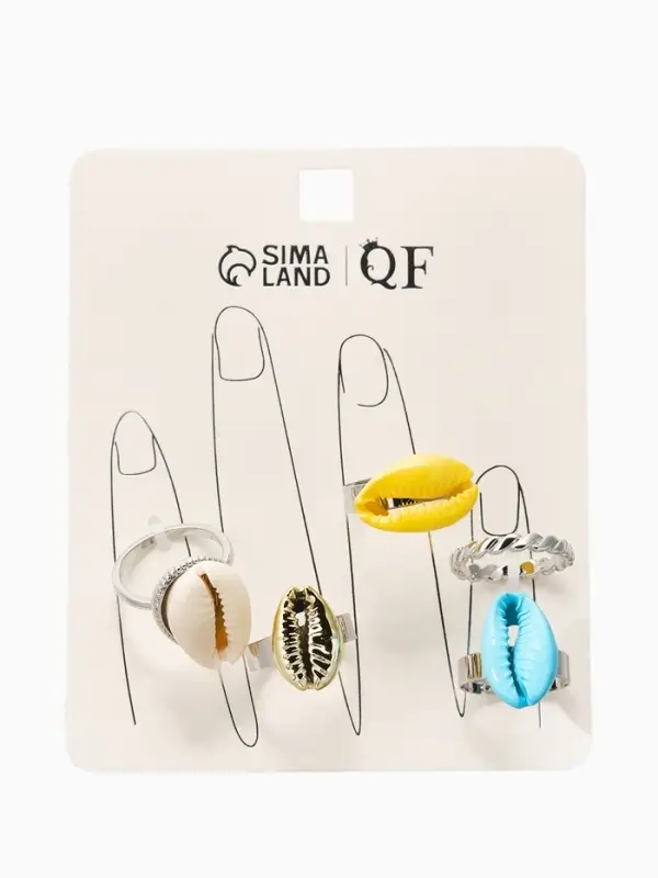 Набор колец 5 шт "Новый стиль" ракушки, размер МИКС, цветные в  серебре