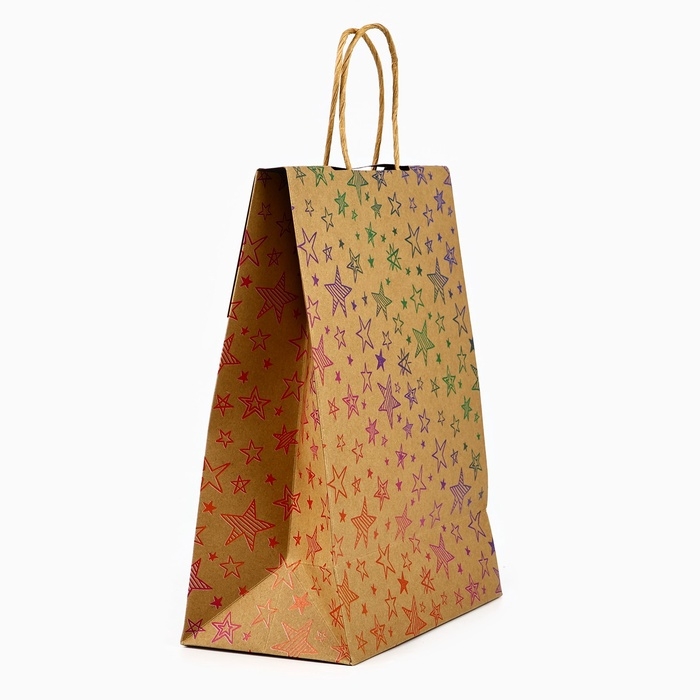 Пакет с клапаном &laquo;С Днём рождения&raquo;, звезды, крафт, глиттер, 19,5 &times; 10 &times; 25.2 см