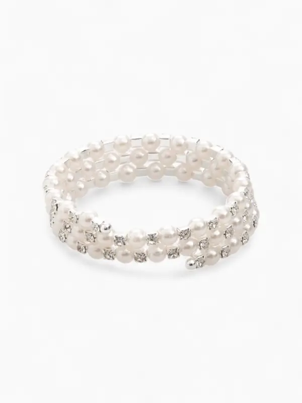 Браслет с жемчугом &laquo;Пружинка&raquo; стразинки, шар № 6, цвет белый в серебре, L=6 см