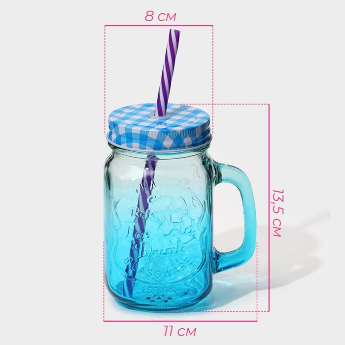 Кружка стеклянная с крышкой и трубочкой Доляна &laquo;Галерея&raquo;, 500 мл, 11&times;8&times;13,5 см, цвет МИКС