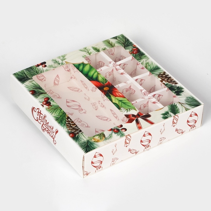 Новый год. Коробка под 8 конфет и шоколад, с окном "Новогодние подарки", 17,7 х 17,8 х 3,8 см, кондитерская упаковка
