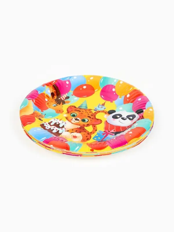 Тарелка одноразовая бумажная &laquo;С Днём рождения, весёлые зверята&raquo;, жёлтая, 18 см