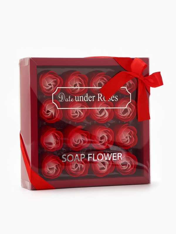 Набор мыльных роз в коробке 16 штук, красно-белые