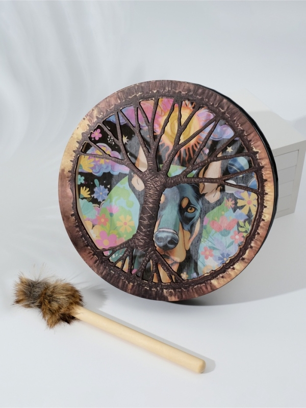 Шаманский бубен "Доберман в цветах" с колотушкой 5х25х25 см