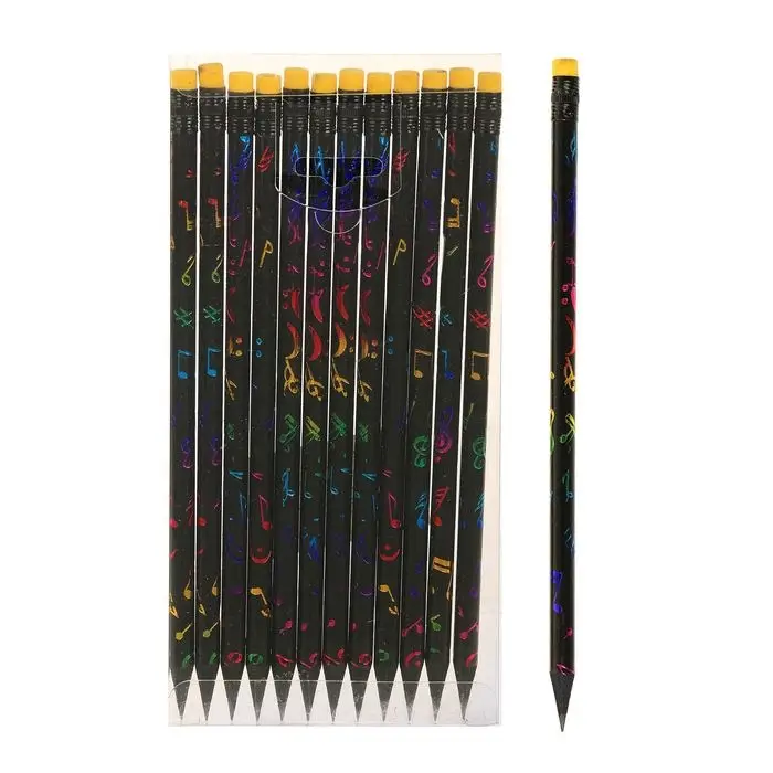 Карандаш простой, чернографитный с ластиком, твёрдость НВ, корпус чёрный с рисунком