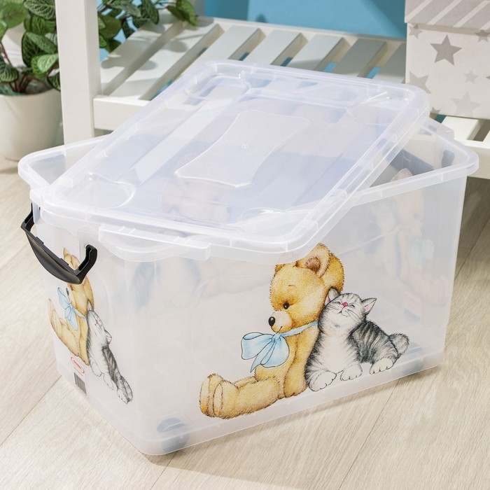 Контейнер для хранения &laquo;Мишка и котёнок&raquo;, 35 л, 50,5&times;31,5&times;28 см, на колёсиках, прозрачный