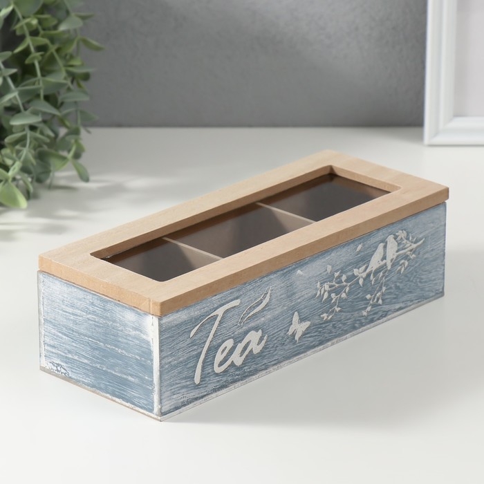 Шкатулка дерево 3 деления "Птицы на ветке" синяя 9,7х24х7 см