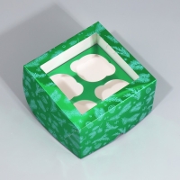 Коробка складная на 4 капкейков с окном &laquo;Веточки&raquo;, 16 х 16 х 10 см, Новый год