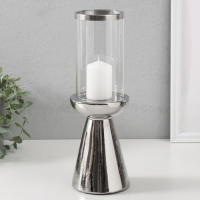 Подсвечник керамика, стекло на 1 свечу "Гладь" d=8 см серебро 10х10х29,5 см