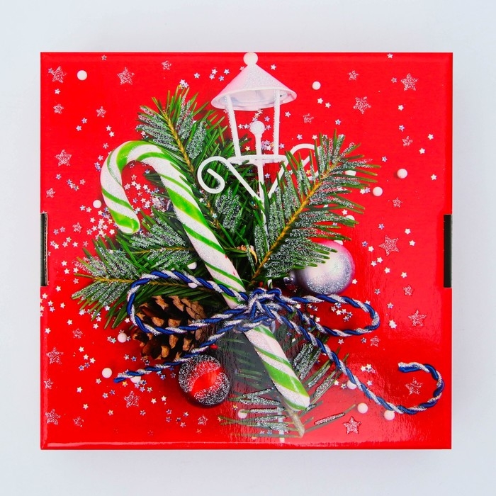 Новый год. Подарочная коробка Новогодняя Коробка крышка-дно "Зеленая" с атласной лентой 17 х 17 х 17 см.