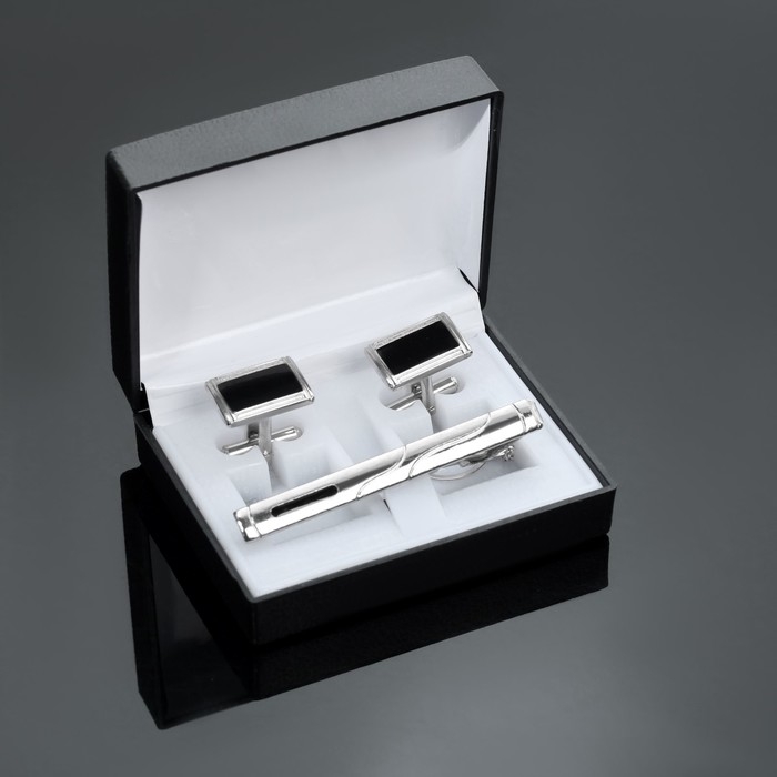 Набор мужской &laquo;Запонки + Зажим для галстука&raquo; прямоугольник с эмалью, цвет чёрно-серебристый