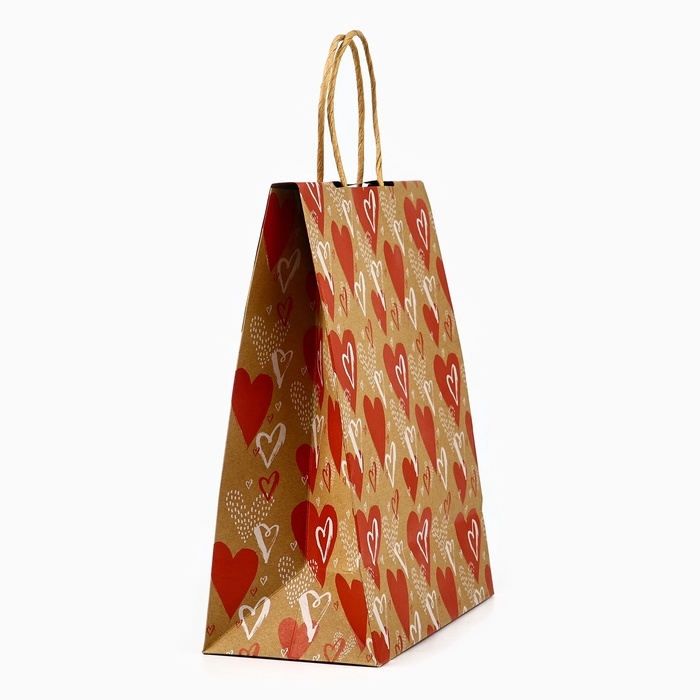 Пакет с клапаном &laquo;С любовью&raquo;, сердца, крафт, глиттер, 19,5 &times; 10 &times; 25.2 см