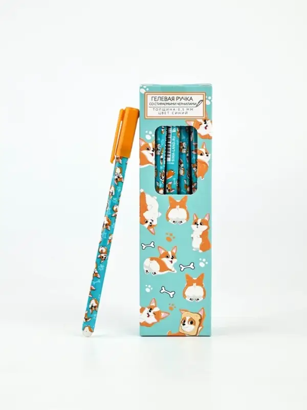 Ручка пластик пиши-стирай с колпачком "Корги", синяя паста, гелевая 0,5 мм