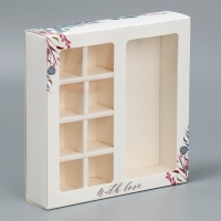 Коробка под 8 конфет и шоколад с ячейками, кондитерская упаковка, &laquo;Розовые цветы&raquo; 18 х 18 х 4 см