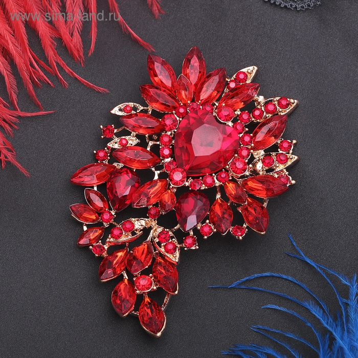 Брошь &laquo;Императрица&raquo; сердце цветущее, цвет красный в золоте