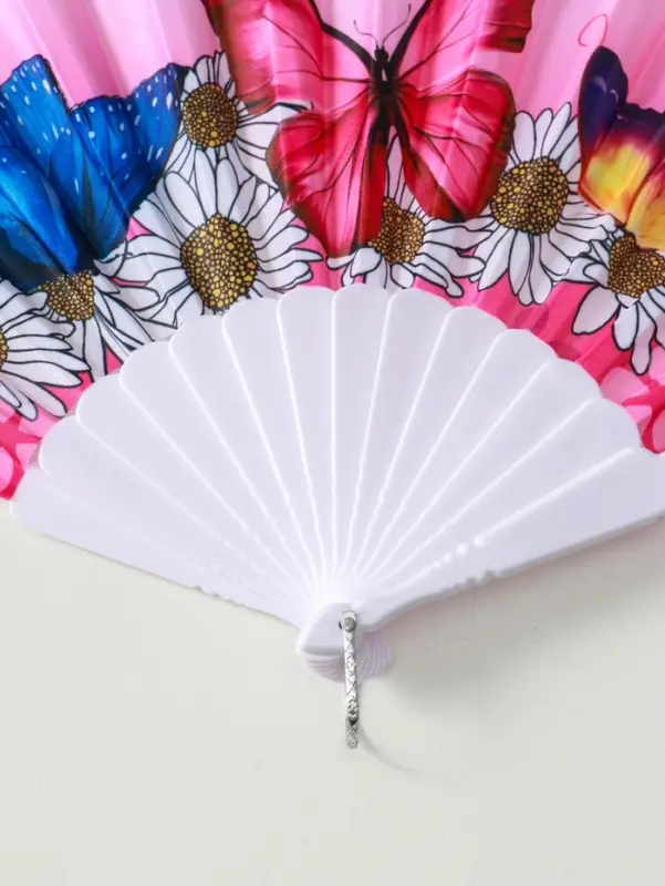 Веер пластик, текстиль "Ромашки и бабочки" МИКС широкие лопасти 23 см