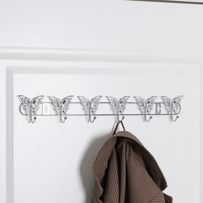 Вешалка настенная Доляна &laquo;Бабочки&raquo;, 6 крючков, 34,5&times;3&times;6,5 см, цвет серебряный